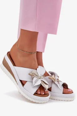 Discount Artiker Skórzane Klapki Damskie Na Koturnie Z Ozdobnym Kwiatem 52C0537 Białe Biały