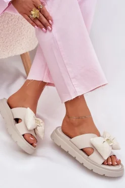 Outlet Skórzane Klapki Damskie Na Platformie Z Kokardą 4647 Beżowe Damskie Klapki Na Platformie|Klapki Damskie Klasyczne