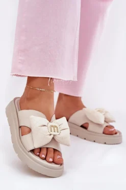 Outlet Skórzane Klapki Damskie Na Platformie Z Kokardą 4647 Beżowe Damskie Klapki Na Platformie|Klapki Damskie Klasyczne