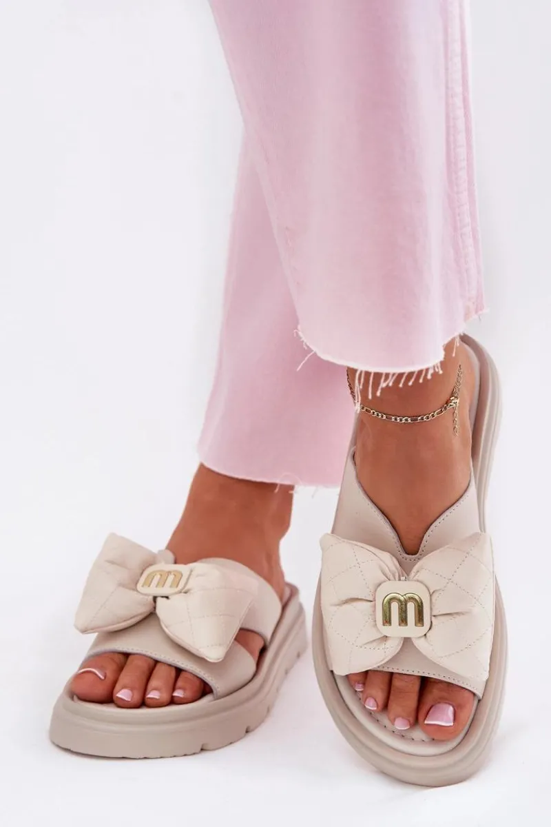 Outlet Skórzane Klapki Damskie Na Platformie Z Kokardą 4647 Beżowe Damskie Klapki Na Platformie|Klapki Damskie Klasyczne