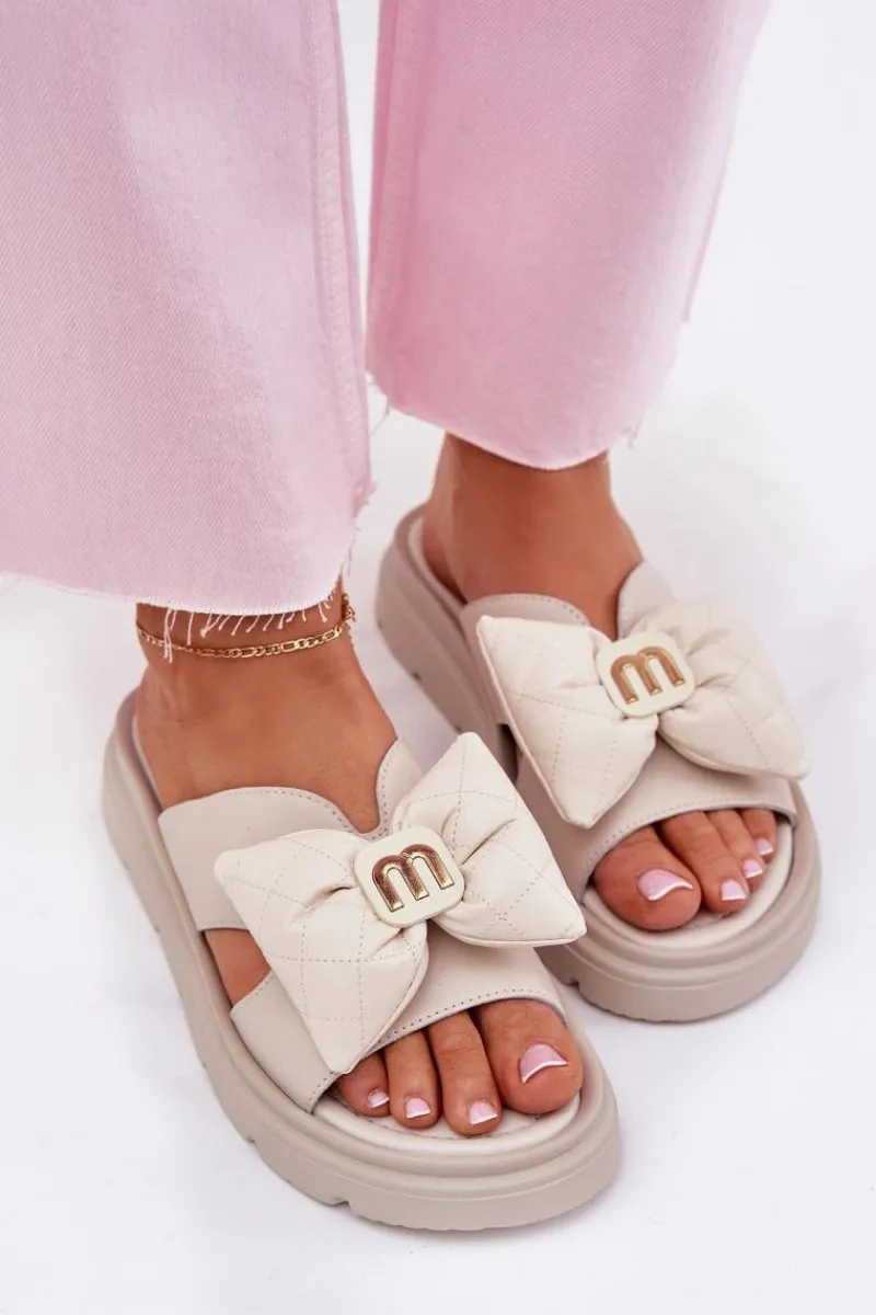 Outlet Skórzane Klapki Damskie Na Platformie Z Kokardą 4647 Beżowe Damskie Klapki Na Platformie|Klapki Damskie Klasyczne