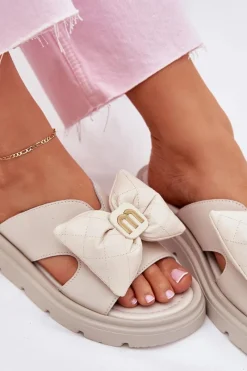 Outlet Skórzane Klapki Damskie Na Platformie Z Kokardą 4647 Beżowe Damskie Klapki Na Platformie|Klapki Damskie Klasyczne