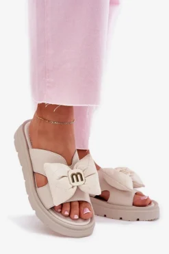 Outlet Skórzane Klapki Damskie Na Platformie Z Kokardą 4647 Beżowe Damskie Klapki Na Platformie|Klapki Damskie Klasyczne