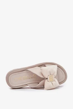 Outlet Skórzane Klapki Damskie Na Platformie Z Kokardą 4647 Beżowe Damskie Klapki Na Platformie|Klapki Damskie Klasyczne