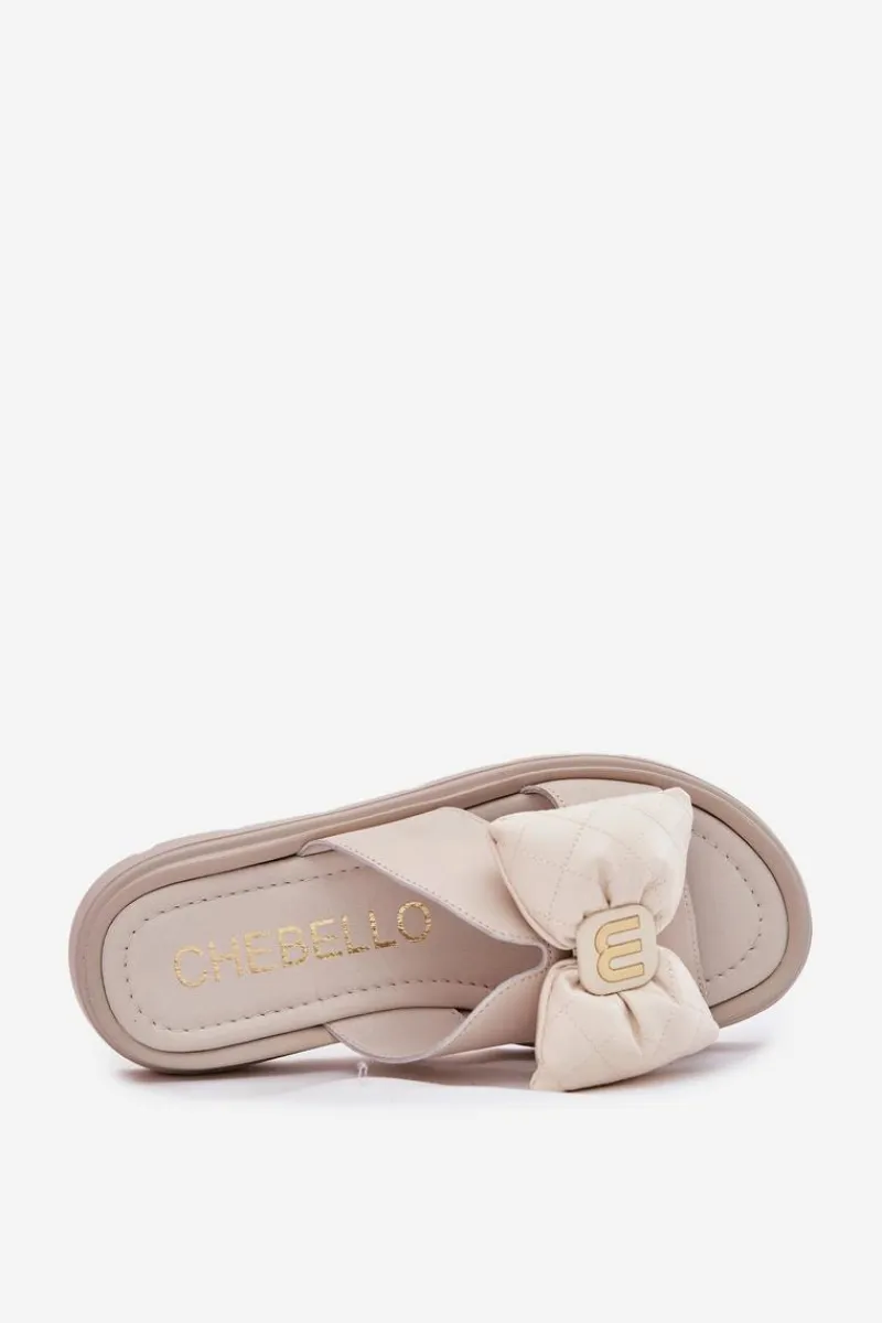 Outlet Skórzane Klapki Damskie Na Platformie Z Kokardą 4647 Beżowe Damskie Klapki Na Platformie|Klapki Damskie Klasyczne