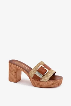 Skórzane Klapki Damskie Na Słupku Z Klamrą I Plecionką 40459 Brązowe Damskie Klapki Na Obcasie|Klapki Damskie Klasyczne