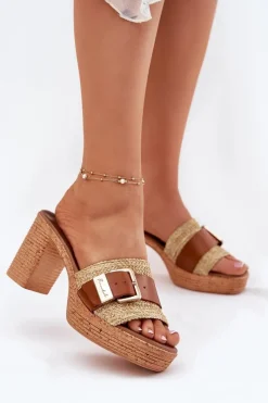 Skórzane Klapki Damskie Na Słupku Z Klamrą I Plecionką 40459 Brązowe Damskie Klapki Na Obcasie|Klapki Damskie Klasyczne