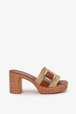 Skórzane Klapki Damskie Na Słupku Z Klamrą I Plecionką 40459 Brązowe Damskie Klapki Na Obcasie|Klapki Damskie Klasyczne