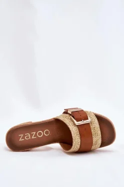 Skórzane Klapki Damskie Na Słupku Z Klamrą I Plecionką 40459 Brązowe Damskie Klapki Na Obcasie|Klapki Damskie Klasyczne