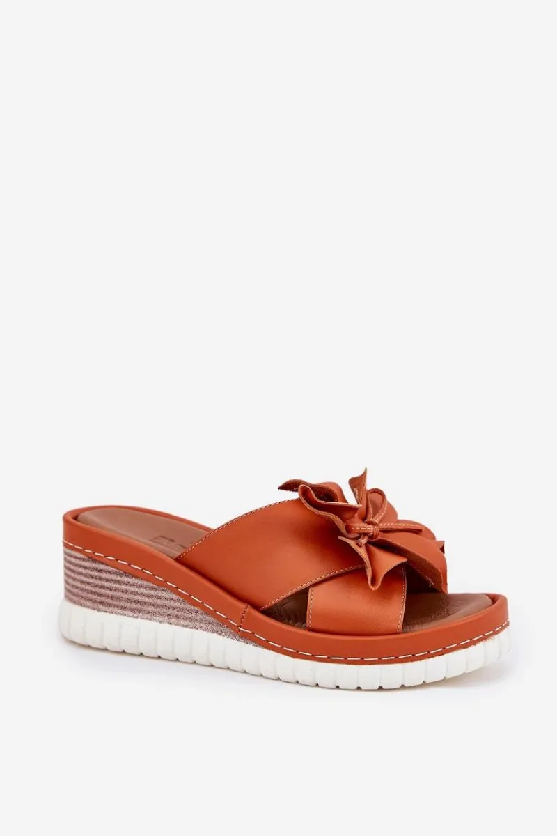 Artiker Skórzane Klapki Damskie Na Koturnie Z Ozdobnym Kwiatem 52C0505 Pomarańczowe Pomarańczowy