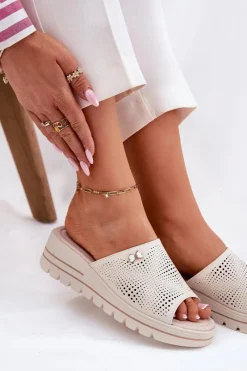 Klapki Na Koturnie|Klapki Na Platformie>Buty damskie Vinceza Skórzane Klapki Damskie Na Koturnie Vinceza 41477 Beżowe Beżowy