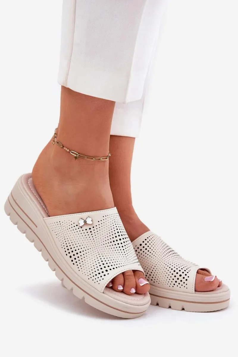 Klapki Na Koturnie|Klapki Na Platformie>Buty damskie Vinceza Skórzane Klapki Damskie Na Koturnie Vinceza 41477 Beżowe Beżowy