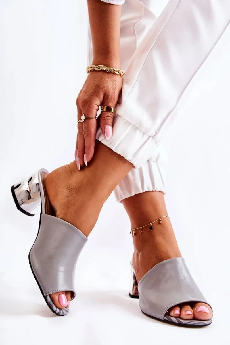 New Boto Skórzane Klapki Damskie Na Obcasie Szare Perry