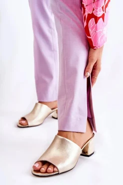 Clearance Boto Skórzane Klapki Damskie Na Obcasie Złote Perry