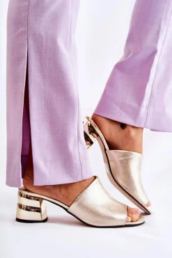 Clearance Boto Skórzane Klapki Damskie Na Obcasie Złote Perry