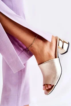 Clearance Boto Skórzane Klapki Damskie Na Obcasie Złote Perry