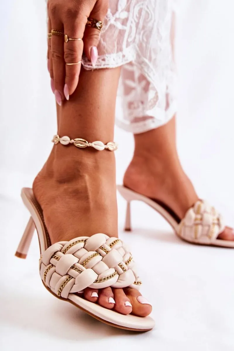 New Skórzane Klapki Damskie Plecione Beżowe Sulea Damskie Klapki Na Obcasie|Klapki Damskie Klasyczne