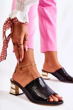 Klapki Na Obcasie|Klapki Damskie Klasyczne>Boto Skórzane Klapki Damskie Wzór Krokodyl Na Obcasie Czarne Perry