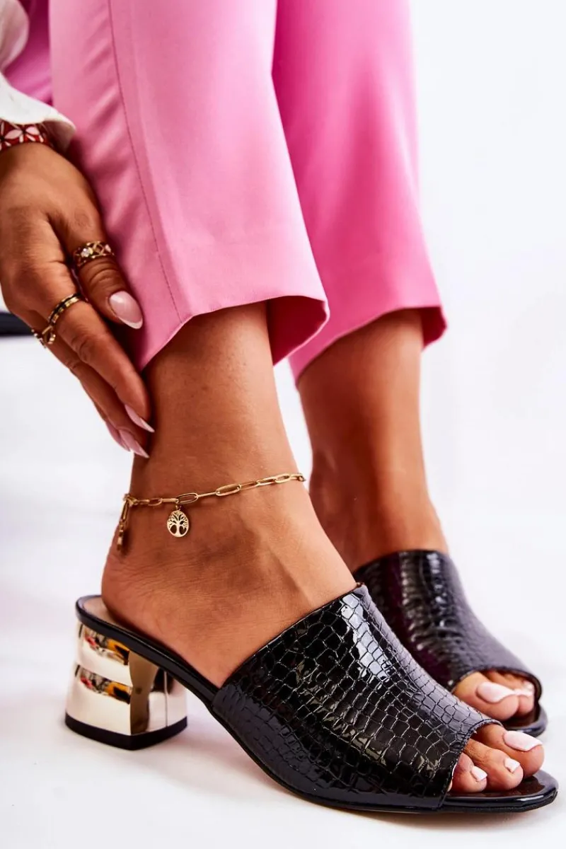 Klapki Na Obcasie|Klapki Damskie Klasyczne>Boto Skórzane Klapki Damskie Wzór Krokodyl Na Obcasie Czarne Perry