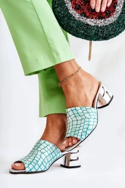 New Boto Skórzane Klapki Damskie Wzór Krokodyl Na Obcasie Jasnozielone Perry