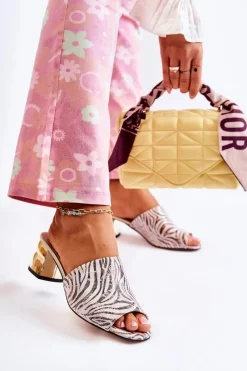 Best Skórzane Klapki Damskie Wzór Zebra Na Obcasie Różowo-Białe Perry Damskie Klapki Na Obcasie|Klapki Damskie Klasyczne