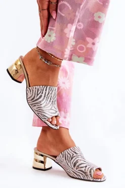 Best Skórzane Klapki Damskie Wzór Zebra Na Obcasie Różowo-Białe Perry Damskie Klapki Na Obcasie|Klapki Damskie Klasyczne