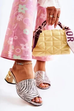 Best Skórzane Klapki Damskie Wzór Zebra Na Obcasie Różowo-Białe Perry Damskie Klapki Na Obcasie|Klapki Damskie Klasyczne