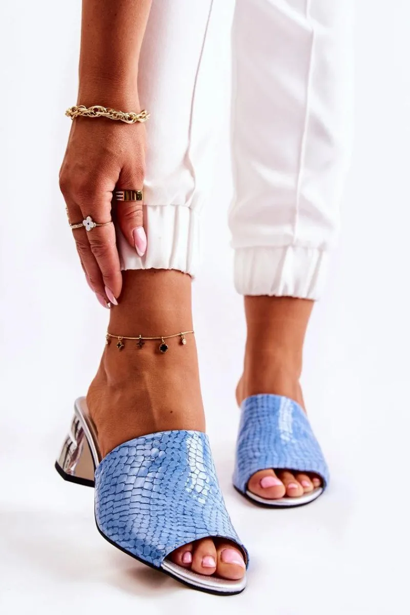 Klapki Na Obcasie|Klapki Damskie Klasyczne>Boto Skórzane Klapki Damskie Wzór Krokodyl Na Obcasie Niebieskie Perry