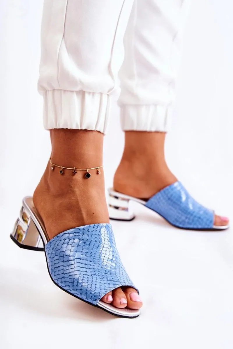 Klapki Na Obcasie|Klapki Damskie Klasyczne>Boto Skórzane Klapki Damskie Wzór Krokodyl Na Obcasie Niebieskie Perry