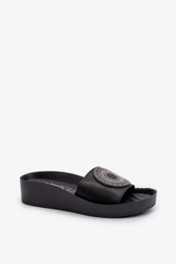 Clearance Damskie buty S.Barski Skórzane Klapki Damskie Z Ozdobą S.Barski KV27-019 Czarne