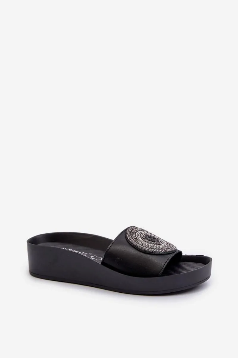 Clearance Damskie buty S.Barski Skórzane Klapki Damskie Z Ozdobą S.Barski KV27-019 Czarne