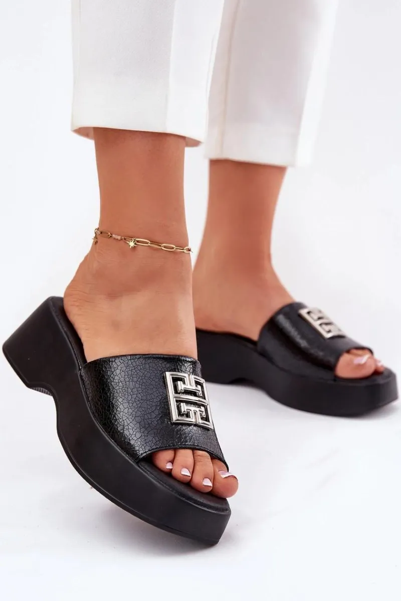 Best Skórzane Klapki Damskie Z Ozdobą Vinceza 79526 Czarne Damskie Klapki Na Koturnie|Klapki Na Platformie