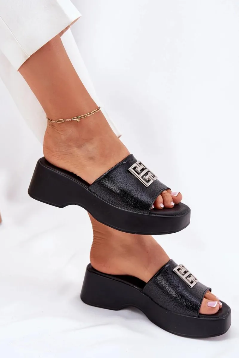 Best Skórzane Klapki Damskie Z Ozdobą Vinceza 79526 Czarne Damskie Klapki Na Koturnie|Klapki Na Platformie