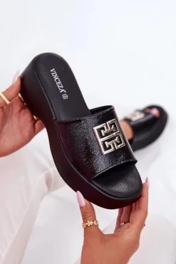 Best Skórzane Klapki Damskie Z Ozdobą Vinceza 79526 Czarne Damskie Klapki Na Koturnie|Klapki Na Platformie