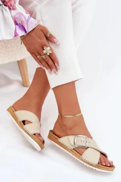 Online Skórzane Klapki Damskie Z Klamrą VO0004GU Beżowe Damskie Klapki Damskie Klasyczne|Klapki Na Platformie