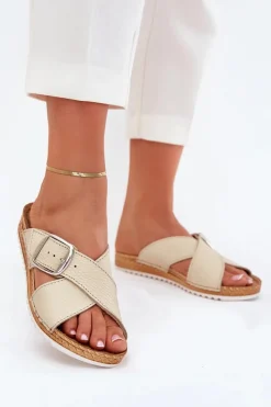 Online Skórzane Klapki Damskie Z Klamrą VO0004GU Beżowe Damskie Klapki Damskie Klasyczne|Klapki Na Platformie