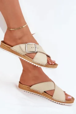 Online Skórzane Klapki Damskie Z Klamrą VO0004GU Beżowe Damskie Klapki Damskie Klasyczne|Klapki Na Platformie