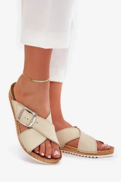 Online Skórzane Klapki Damskie Z Klamrą VO0004GU Beżowe Damskie Klapki Damskie Klasyczne|Klapki Na Platformie