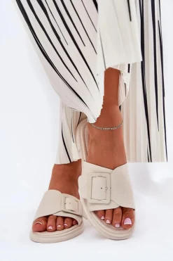 Online Skórzane Klapki Damskie Z Klamrą D&A SJ2302-01 Beżowe Damskie Klapki Damskie Klasyczne