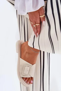 Online Skórzane Klapki Damskie Z Klamrą D&A SJ2302-01 Beżowe Damskie Klapki Damskie Klasyczne