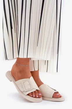 Online Skórzane Klapki Damskie Z Klamrą D&A SJ2302-01 Beżowe Damskie Klapki Damskie Klasyczne