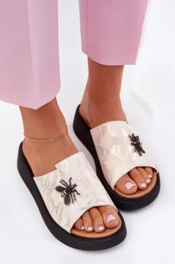 Online Buty damskie Vinceza Skórzane Klapki Damskie Z Broszką Vinceza 66752 Beżowe