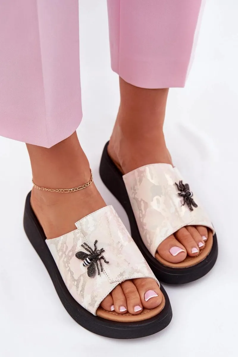 Online Buty damskie Vinceza Skórzane Klapki Damskie Z Broszką Vinceza 66752 Beżowe