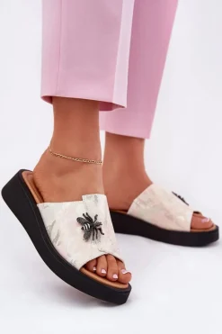 Online Buty damskie Vinceza Skórzane Klapki Damskie Z Broszką Vinceza 66752 Beżowe