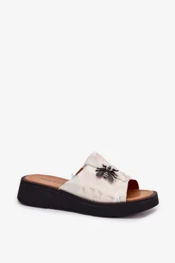 Online Buty damskie Vinceza Skórzane Klapki Damskie Z Broszką Vinceza 66752 Beżowe