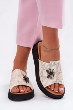 Online Buty damskie Vinceza Skórzane Klapki Damskie Z Broszką Vinceza 66752 Beżowe