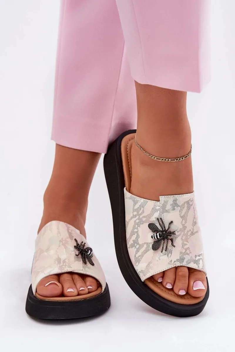 Online Buty damskie Vinceza Skórzane Klapki Damskie Z Broszką Vinceza 66752 Beżowe