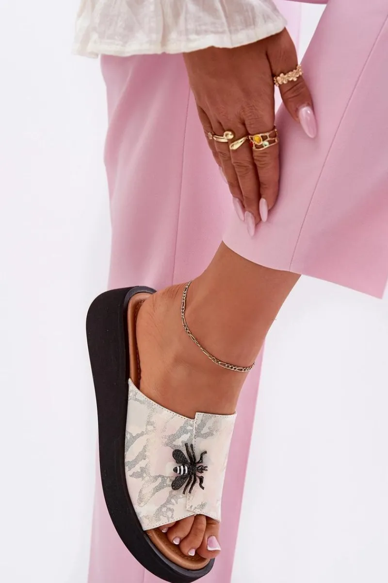 Online Buty damskie Vinceza Skórzane Klapki Damskie Z Broszką Vinceza 66752 Beżowe