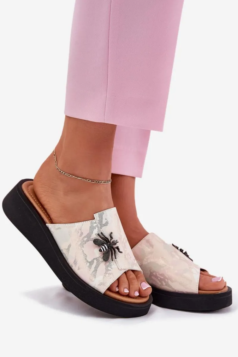 Online Buty damskie Vinceza Skórzane Klapki Damskie Z Broszką Vinceza 66752 Beżowe