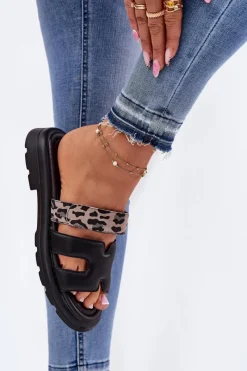 Clearance Skórzane Klapki Damskie Z Rzepem Panterka Vinceza 66769 Czarne Damskie Klapki Damskie Klasyczne